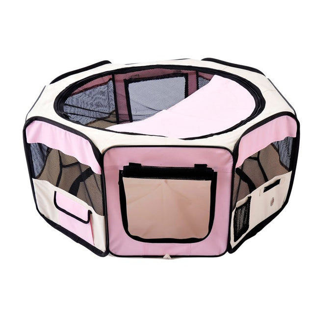 PawHut Portable Cat Dog Playpen Pet Puppy Rabbit Guinea Pig Pen Run Dia 90 x 41H cm Indoor & Outdoor Pink