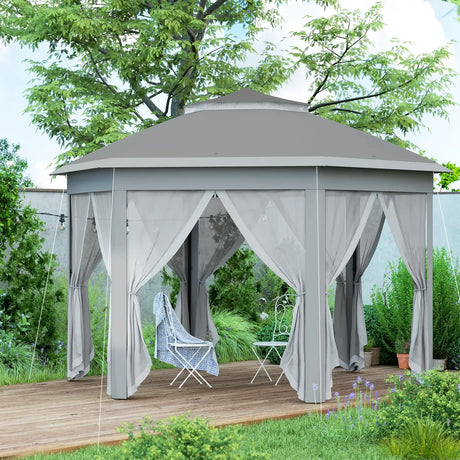 Outsunny 3 x 4m Garden Gazebo Hexagon Pop Up Gazebo Party Tent Canopy Double Roof Instant Shelter with Netting and Carry Bag for Outdoor Patio, Dark Grey