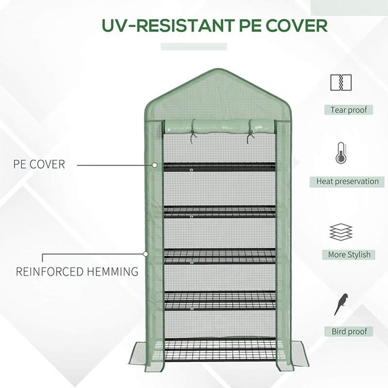 Outsunny 5 Tier Widened Mini Greenhouse with Reinforced PE Cover, Portable Indoor Outdoor Green House with Roll-up Door and Wire Shelves, 193H x 90W x 49Dcm, Green