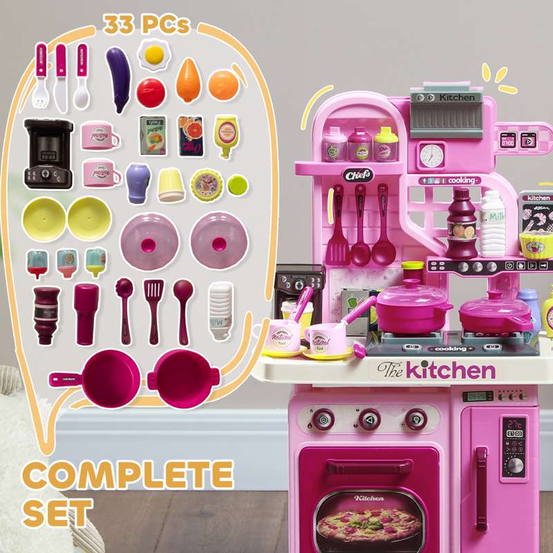 AIYAPLAY Kids Kitchen with 33 Pieces, Lights, Sounds, Storage, for Ages 3-6 Years, Pink