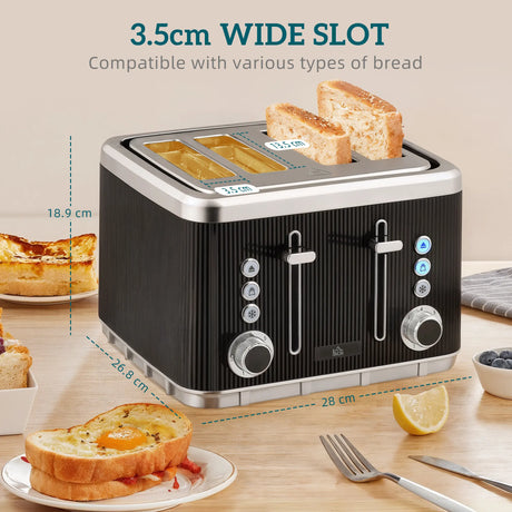 HOMCOM Electric Stainless Steel Kettle and Toaster Set, 3000W 1.7L UK Strix Thermostat Fast Boil Kettle w/ Limescale Filter, Cool Touch Body, 4 Slice Toaster with 7 Browning Levels, Crumb Tray, Black