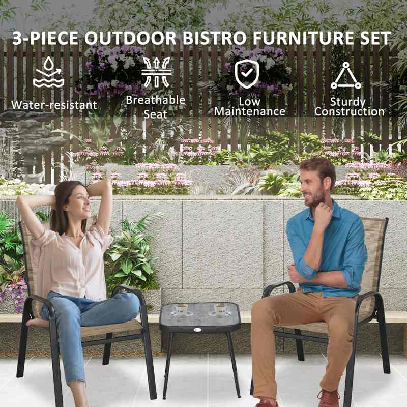 Outsunny 3 Pieces Outdoor Bistro Set, Patio Stackable Armchairs with Breathable Mesh Fabric and SPC Board Coffee Table, Brown