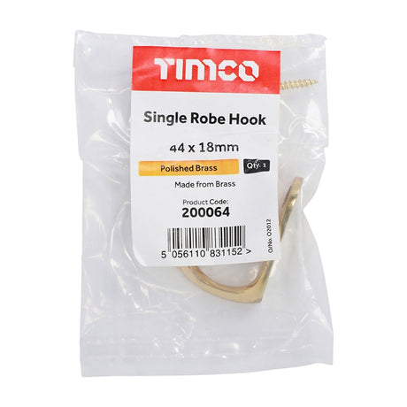 TIMCO Single Robe Hook Polished Brass - 44 x 18mm