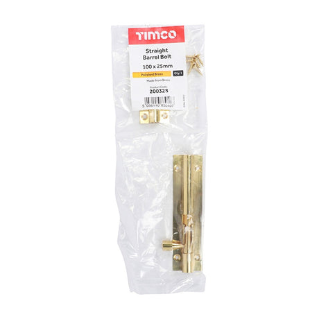 TIMCO Straight Barrel Bolt Polished Brass - 100 x 25mm