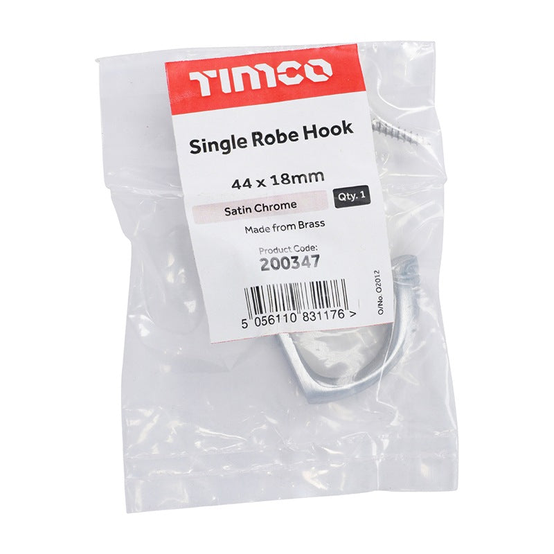 TIMCO Single Robe Hook Satin Chrome - 44 x 18mm