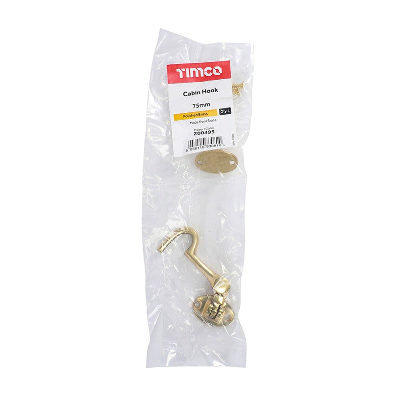 TIMCO Cabin Hook Polished Brass - 75mm