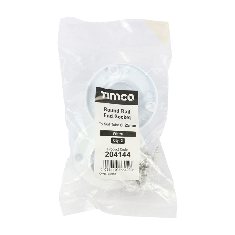 Pair of - TIMCO End Socket For Round Tube White - 25mm