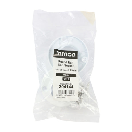 Pair of - TIMCO End Socket For Round Tube White - 25mm