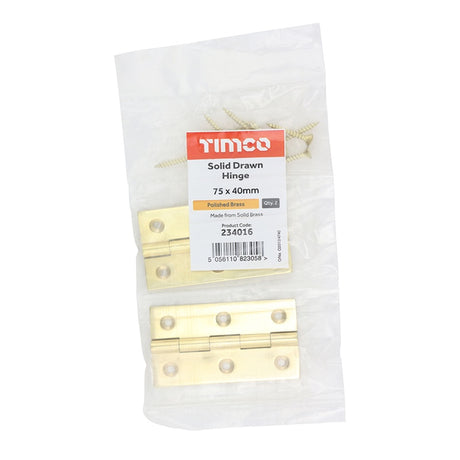 Pair of - TIMCO Solid Drawn Brass Hinges Polished Brass - 75 x 40