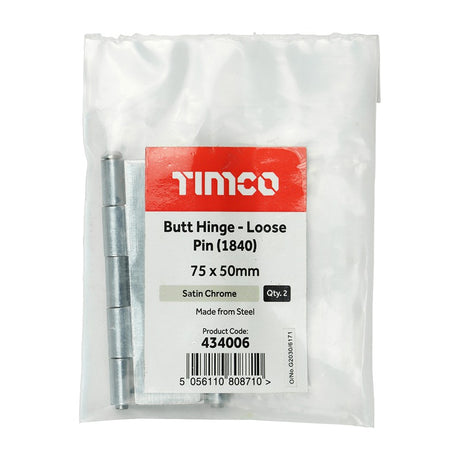 Pair of - TIMCO Butt Hinges Loose Pin (1840) Steel Satin Chrome - 75 x 50