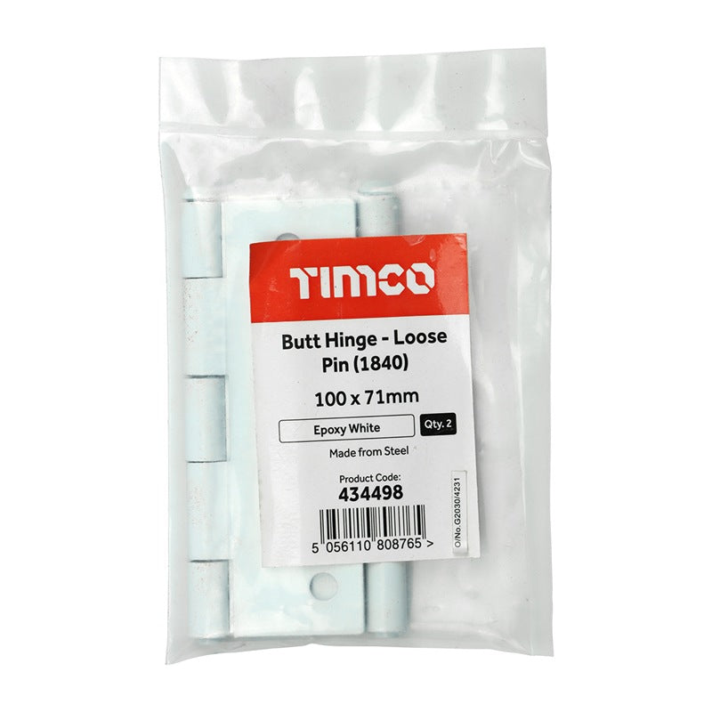 Pair of - TIMCO Butt Hinges Loose Pin (1840) Steel White - 100 x 71