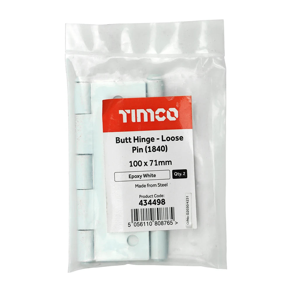 Pair of - TIMCO Butt Hinges Loose Pin (1840) Steel White - 100 x 71