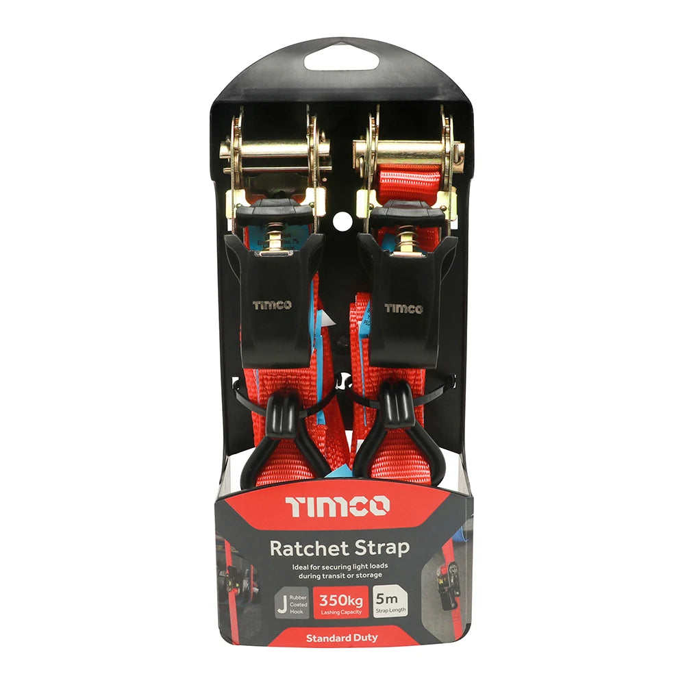 Pair of - TIMCO J Hook Ratchet Straps Standard Duty - 5m x 25mm