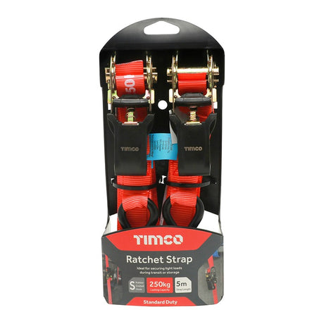 Pair of - TIMCO S Hook Ratchet Straps Standard Duty - 5m x 25mm