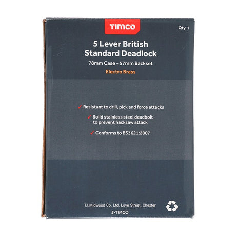 TIMCO 5 Lever British Standard Deadlock Electro Brass - 78mm