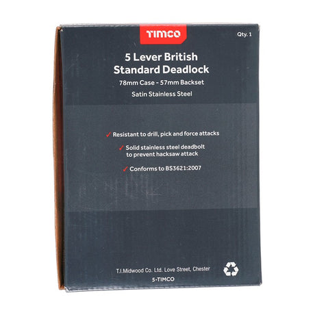 TIMCO 5 Lever British Standard Deadlock Stainless Steel Satin - 78mm