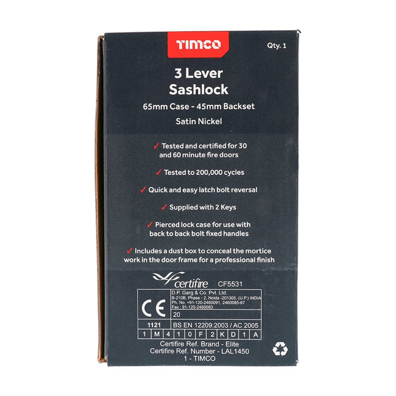 TIMCO 3 Lever Satin Nickel Mortice Sashlock 65mm Case 45mm Backset