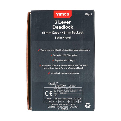 TIMCO 3 Lever Deadlock Satin Nickel - 65mm