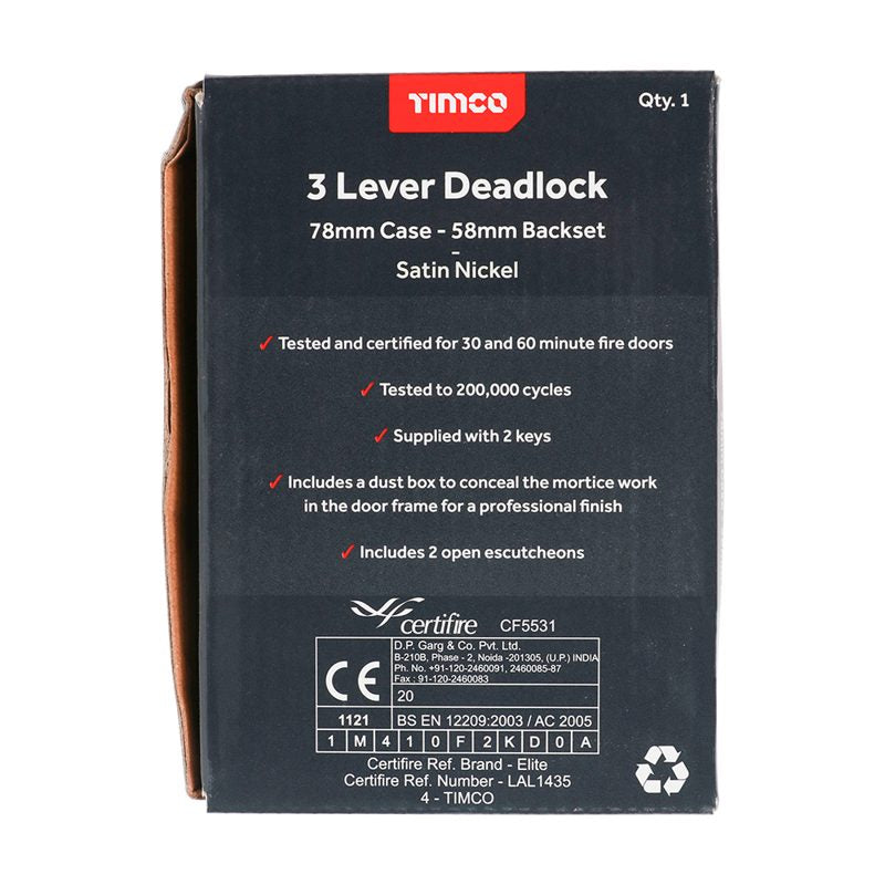 TIMCO 3 Lever Deadlock Satin Nickel - 78mm