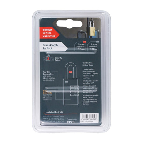 TIMCO Brass Combination Padlock - 28mm