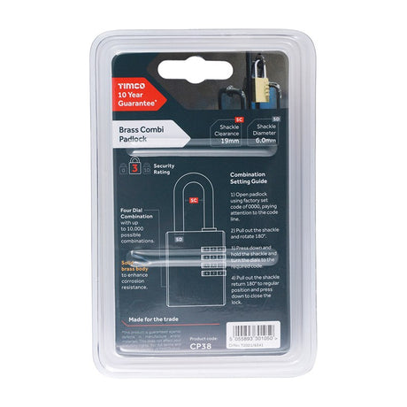 TIMCO Brass Combination Padlock - 38mm