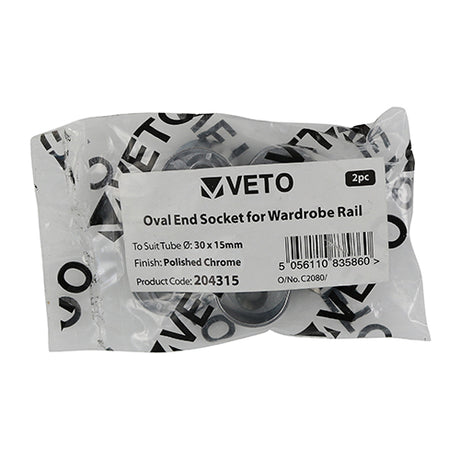 Pair of - TIMCO End Socket For Oval Tube Polished Chrome - 30 x 15