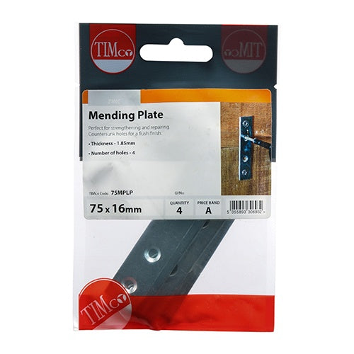 4 x TIMCO Mending Plates Silver - 75 x 16