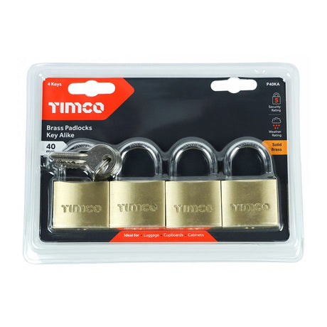 4 x TIMCO Brass Padlocks Key Alike - 40mm