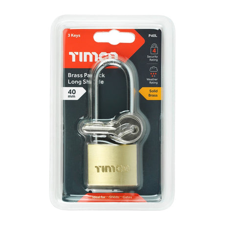 TIMCO Brass Padlock Long Shackle - 40mm