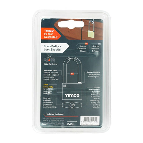 TIMCO Brass Padlock Long Shackle - 40mm