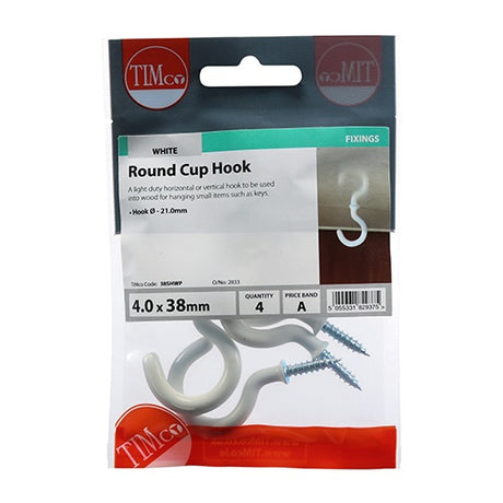 4 x TIMCO Cup Hooks Round White - 38mm