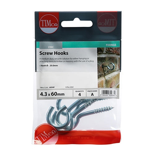 4 x TIMCO Screw Hooks Silver - 60mm