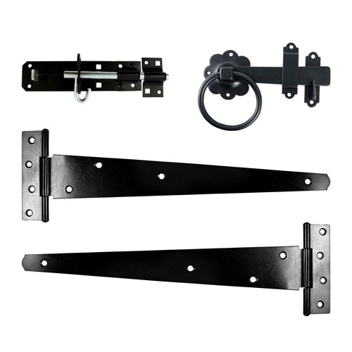 TIMCO Side Gate Kit Medium Tee Hinges Ring Latch & Brenton Padbolt Black - 18"