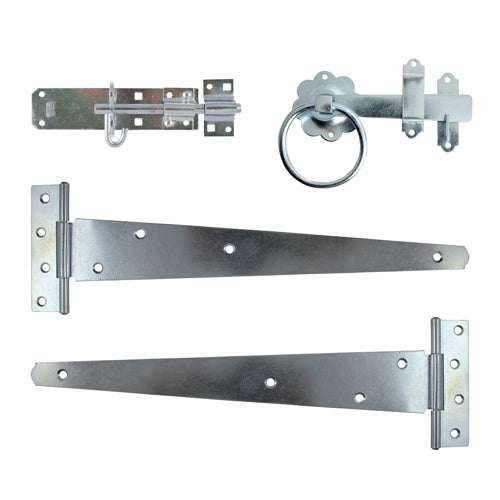 TIMCO Side Gate Kit Medium Tee Hinges Ring Latch & Brenton Padbolt Silver - 18"