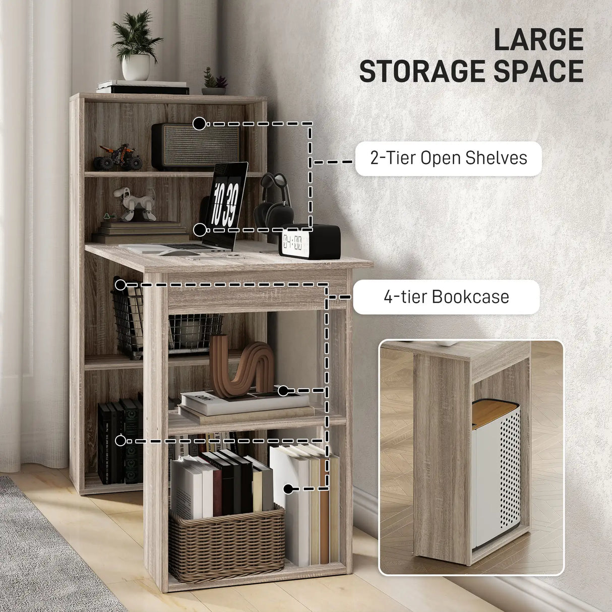 HOMCOM 120cm Computer Desk, Wooden PC Laptop Table with 6-Tier Storage Bookshelves, Home Office Working Study Desk, Writing Workstation, Grey