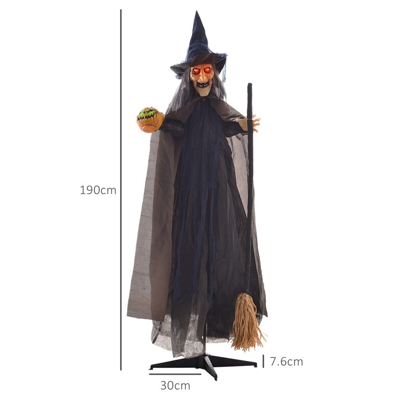 HOMCOM 6'2" Witch with Broomstick Halloween Animatronic, with Glowing Eyes