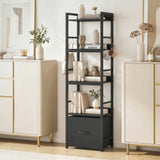 HOMCOM 4-Tier Bookshelf, Narrow Bookcase with Drawer, 8 Hooks, Metal Frame, Black