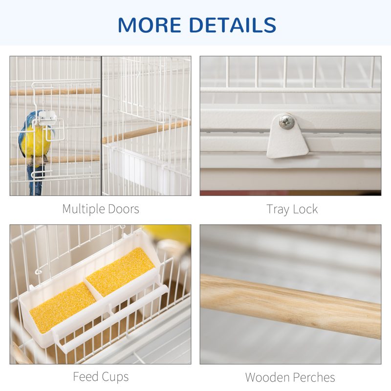 PawHut Large Bird Cage Budgie Cage for Finch Canaries Parakeet with Rolling Stand, Slide-out Tray, Storage Shelf, Food Containers, White