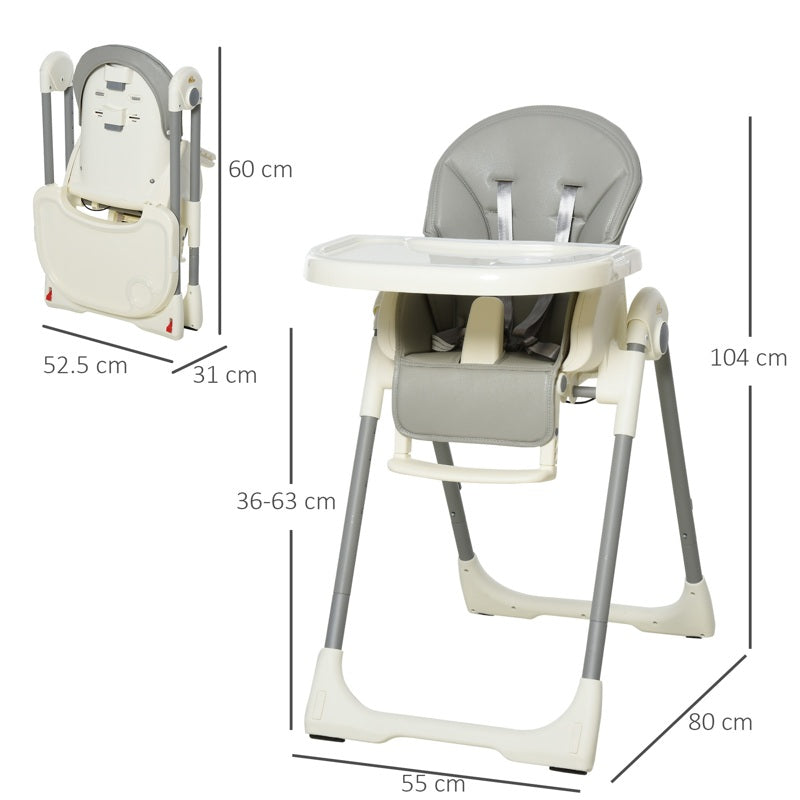 HOMCOM Foldable Baby High Chair Convertible Feeding Chair Height Adjustable with Adjustable Backrest Footrest and Removable Tray 5 Point Safety Harness for Kids 6 - 36 Months Grey