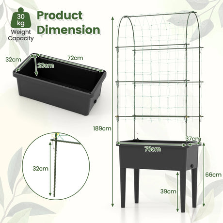 Self-watering Raised Garden Bed Elevated Planter with Climbing Trellis-Black
