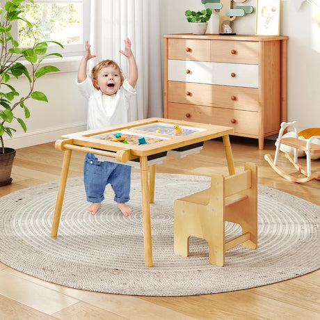 Sensory Table and Chair Set with Foldable Bins for Kids 2-8-Natural