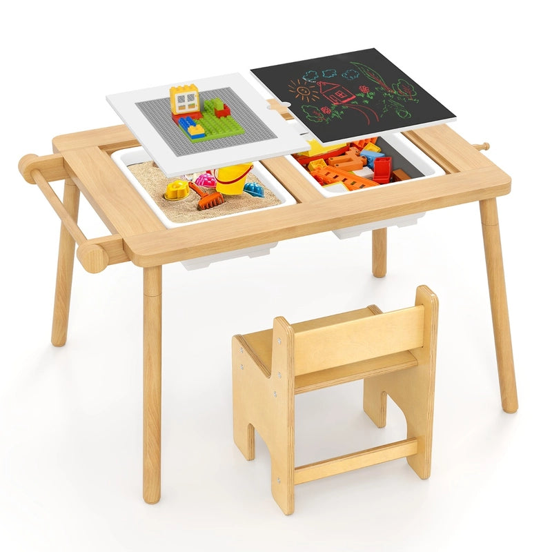 Sensory Table and Chair Set with Foldable Bins for Kids 2-8-Natural