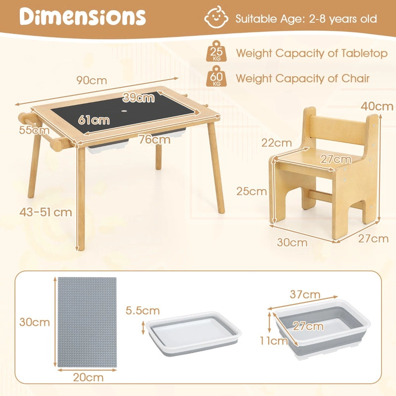 Sensory Table and Chair Set with Foldable Bins for Kids 2-8-Natural