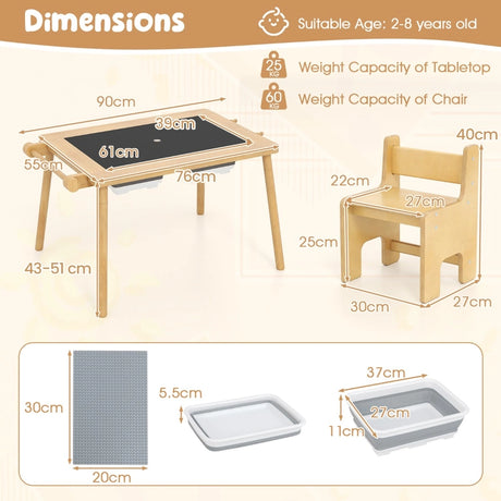 Sensory Table and Chair Set with Foldable Bins for Kids 2-8-Natural