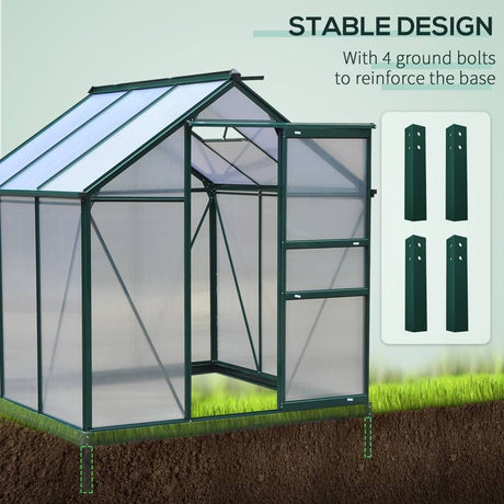 Outsunny 6 x 6ft Polycarbonate Greenhouse, Large Walk-In Green House with Slide Door and Window, Garden Plants Grow House with Aluminium Frame and Foundation, Dark Green