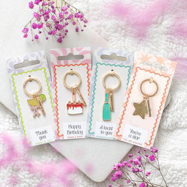 Set of 24 Celebration Keyrings on Display