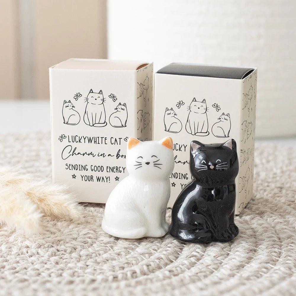 Set of 24 White & Black Lucky Cat Charms in a Box