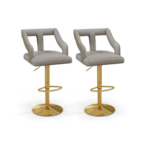Set of 2 Bar Chairs with Footrest and 2-Layer Electroplated Metal Base-Gray