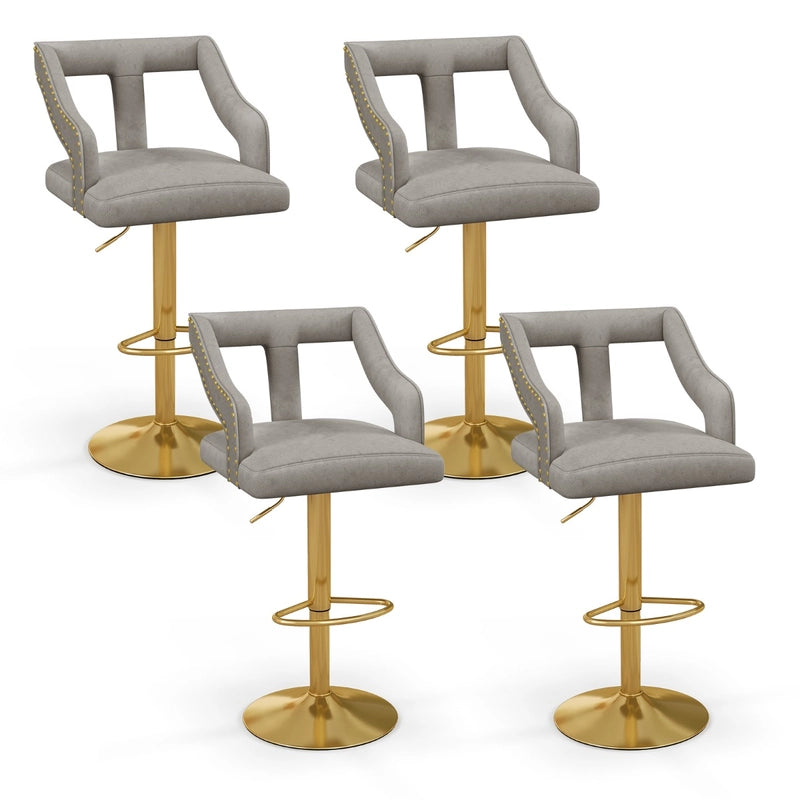 Set of 2 Bar Chairs with Footrest and 2-Layer Electroplated Metal Base-Gray