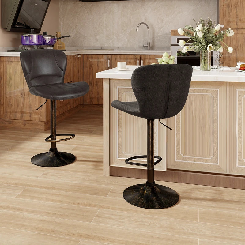 Set of 2 Bar Stools with Adjustable Height and Anti-Slip Metal Base-Brown